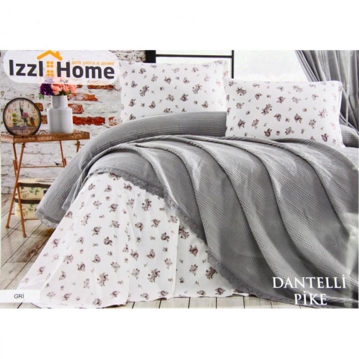 Покрывало-плед IzziHome Dantel серый хлопковое с кружевом